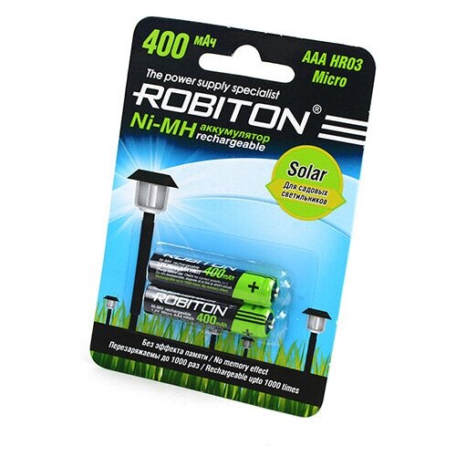 Аккумулятор Ni-Mh 400 мА·ч 1.2 В ROBITON Solar AAA HR03 Micro 400, в упаковке: 2 шт. аккумуляторы перезаряжаемые емкостью 1100мач размера ааа нr03 robiton 2 шт в блистере комплект 5 блистеров