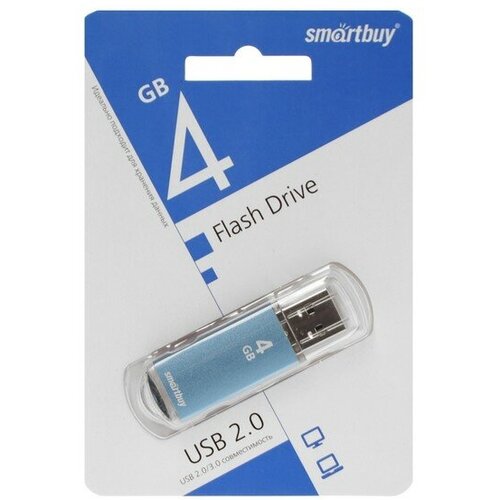 Флешка Smartbuy V-Cut, 4 Гб, USB 2.0, чт до 25 Мб/с, зап до 15 Мб/с, синяя флешка v cut 32 гб usb 2 0 чт до 25 мб с зап до 15 мб с серая