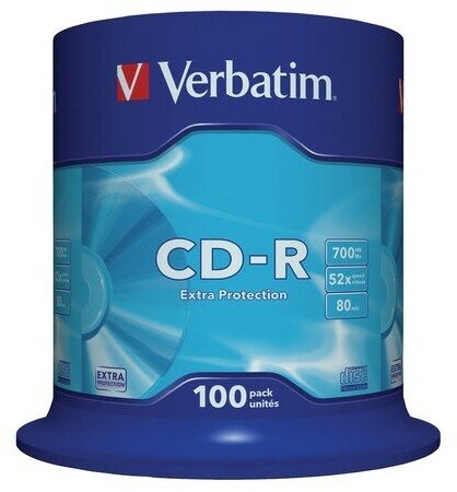 Диски CD-R VERBATIM 700 Mb 52х Cake Box (упаковка на шпиле), комплект 100 шт, 43411