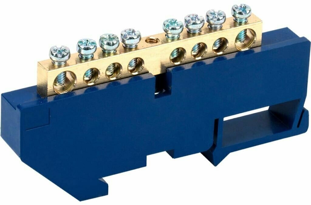Шина нулевая N, 8 отверстий, латунь, синяя, на DIN-рейку, 6х9 мм, Rexant, 11-2340