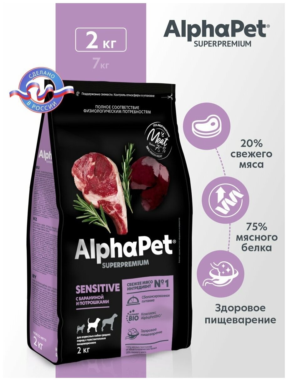 ALPHAPET SUPERPREMIUM 2 кг сухой корм для взрослых собак средних пород с чувс. пищ. с бараниной и потр