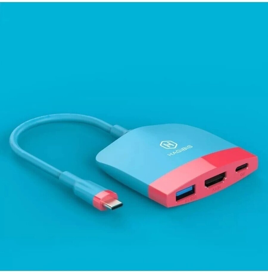 Док-станция Hagibis для подключения Nintendo Switch / OLED к телевизору ТВ конвертер Type-C USB3.0 + HDMI + источник питания PD100W Синяя с красным