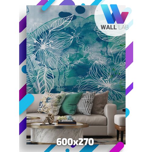 Фотообои WallLab Цветы на синем фоне виниловые на флизелиновой основе 600*270см бежевые цветы на синем фоне