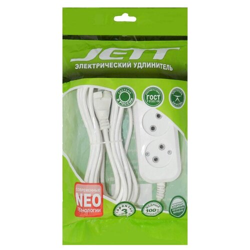 Сетевой фильтр Jett 155-103 РС-2 (провод ПВС 2х0.75), 2 розетки, б/з, 10А 2 3 м 0.75 м² белый удлинитель jett рс 3 3роз 3м 155 633