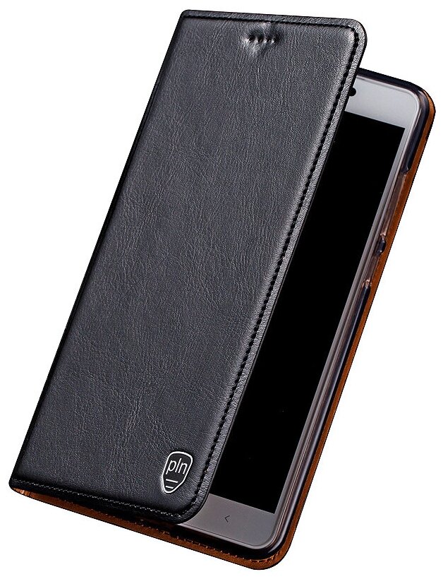 Чехол-книжка Чехол. ру Premium для Xiaomi Redmi 8 из качественной натуральной мраморной кожи буйвола прошитый элегантной прострочкой черный с магнит.
