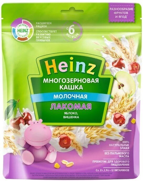 HEINZ лакомая Кашка Многозерновая Яблочко, Вишенка с Молоком {с 6 мес} Doy Pack 170г.