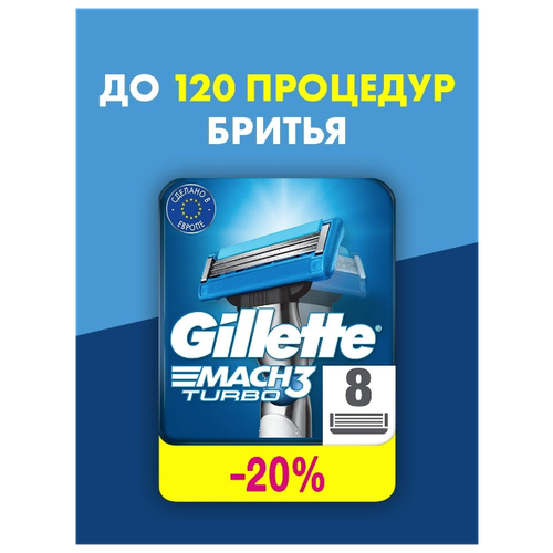 Сменные кассеты для мужской бритвы Gillette Mach 3 Turbo, лезвия Жиллет Мак 3 Турбо, 8 шт.