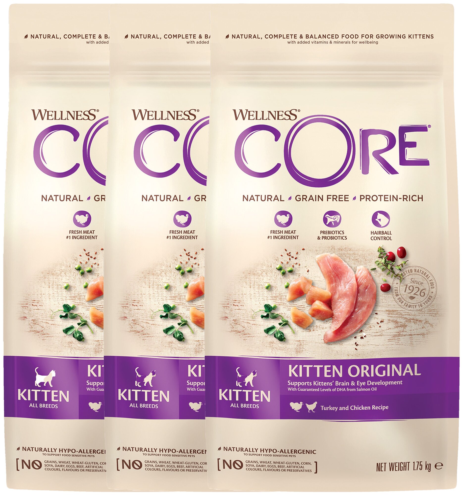 Сухой корм для котят Wellness CORE беззерновой, с индейкой и курицей 3 шт. х 1.75 кг