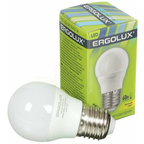Лампа светодиодная E27, 7 Вт, 60 Вт, 220 В, шар, 3000 К, свет теплый белый, Ergolux