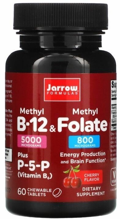Jarrow Formulas, метил B12 и метилфолат, со вкусом вишни, 5000 мкг/800 мкг, 60 жевательных таблеток