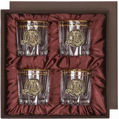 Набор бокалов для виски Карат с золотой обводкой ( 4 шт.) с накладкой 