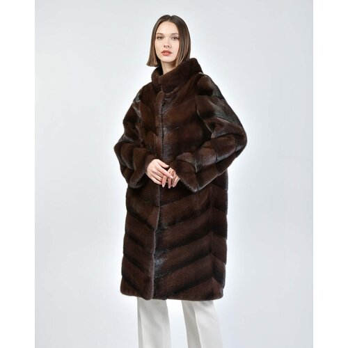 Пальто , норка, силуэт прямой, пояс/ремень, размер 42, коричневый