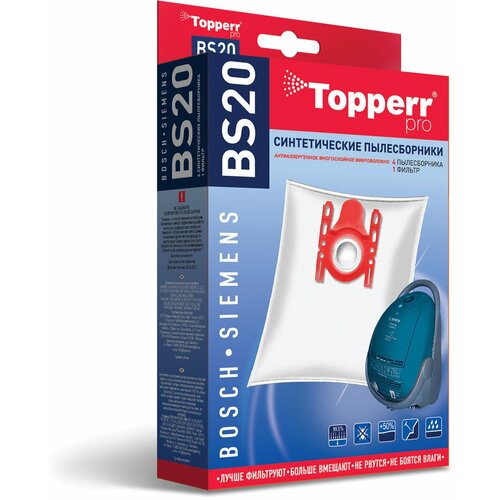 Мешок для пылесоса синтетический TOPPERR BS20, комплект 4 шт, 1401 пылесборник синтетический topperr bs 20 для пылесосов bosch siemens