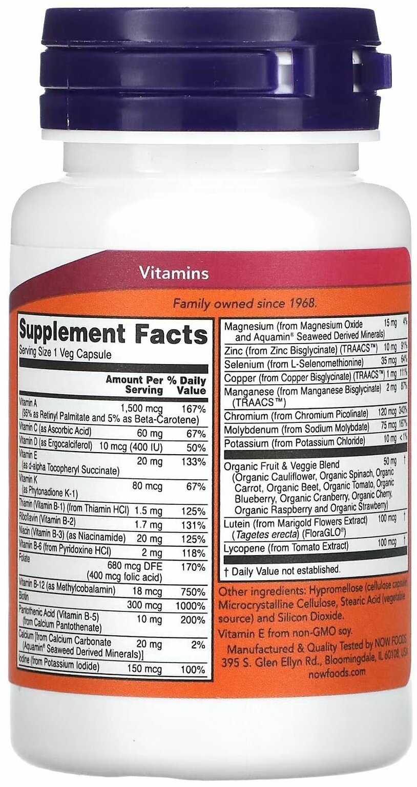 NOW Foods, Daily Vits, мультивитамины и микроэлементы, 30 вегетарианских капсул