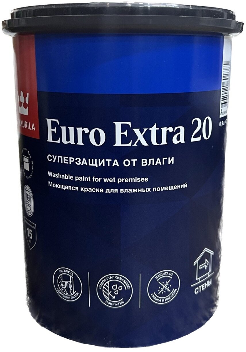 Краска моющаяся Tikkurila Euro Extra 20 для влажных помещений база А 0.9 л