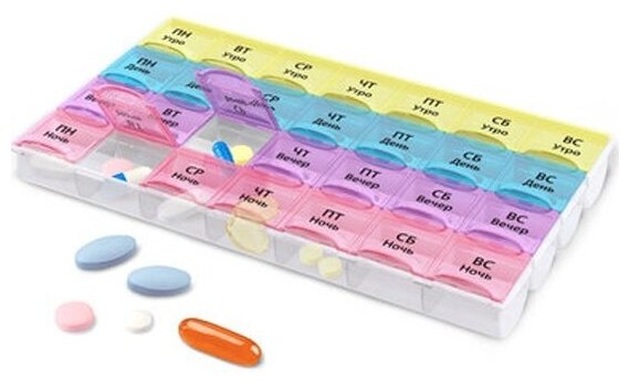 Таблетница Daswerk контейнер для лекарств и витаминов "7 дней/4 приема", прозрачный, , 630845