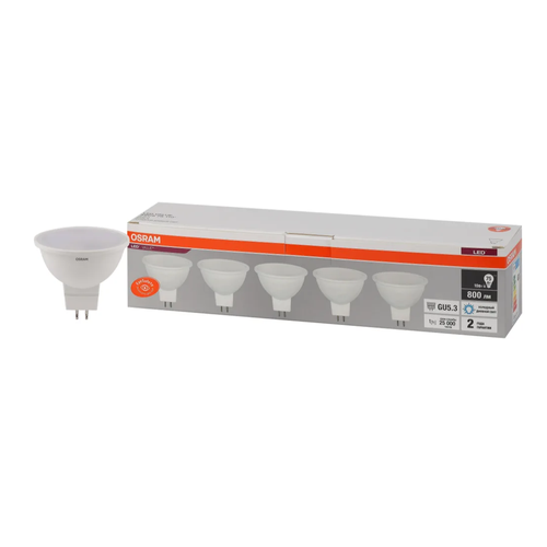 Лампа светодиодная OSRAM LED Value MR16, 800лм, 8Вт, 6500К, холодный свет, Цоколь GU5.3, колба MR16, софит, матовая, упаковка 5 шт