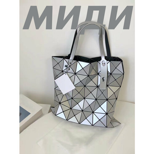 фото Сумка тоут миди, фактура гладкая, серый