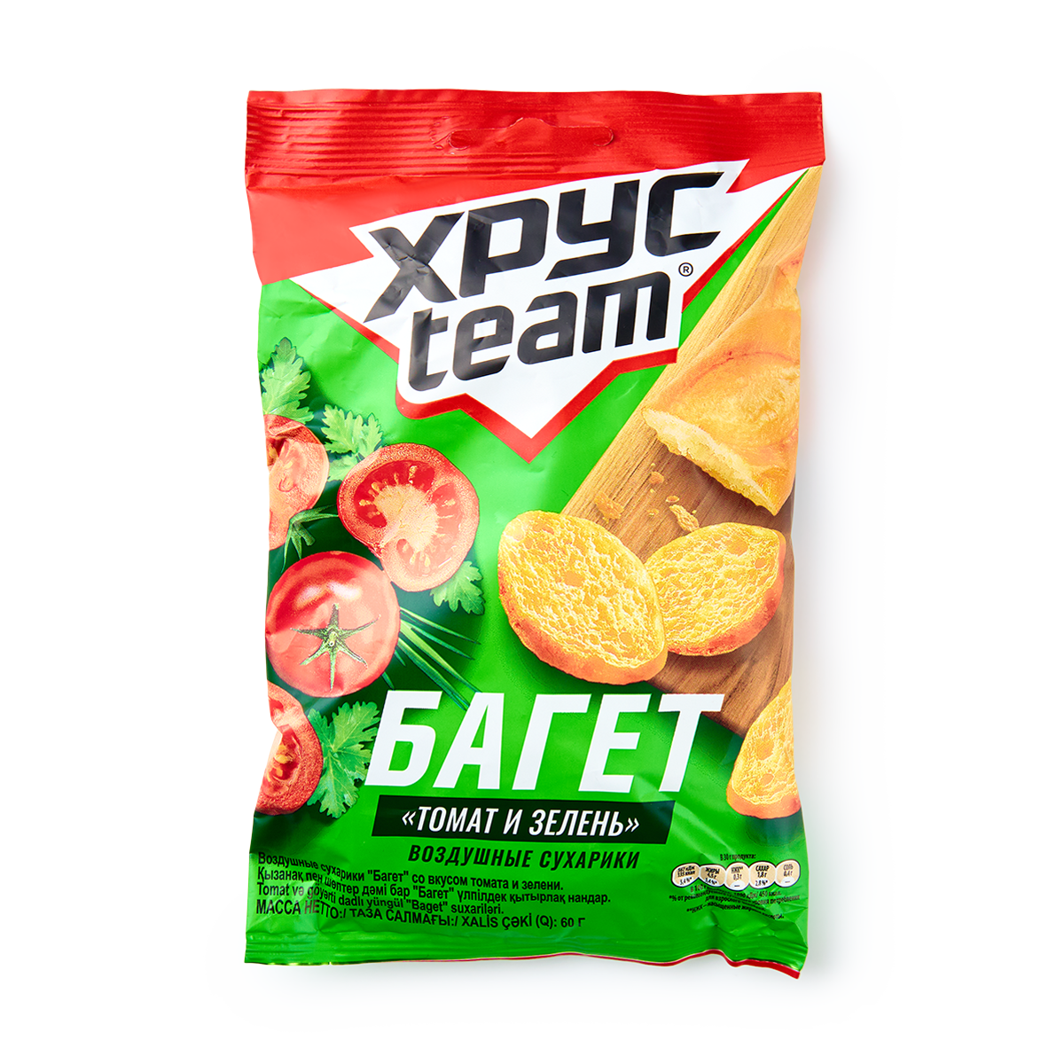 Сухарики ХрусTeam "Багет", пшеничные, томат и зелень, 60 грамм