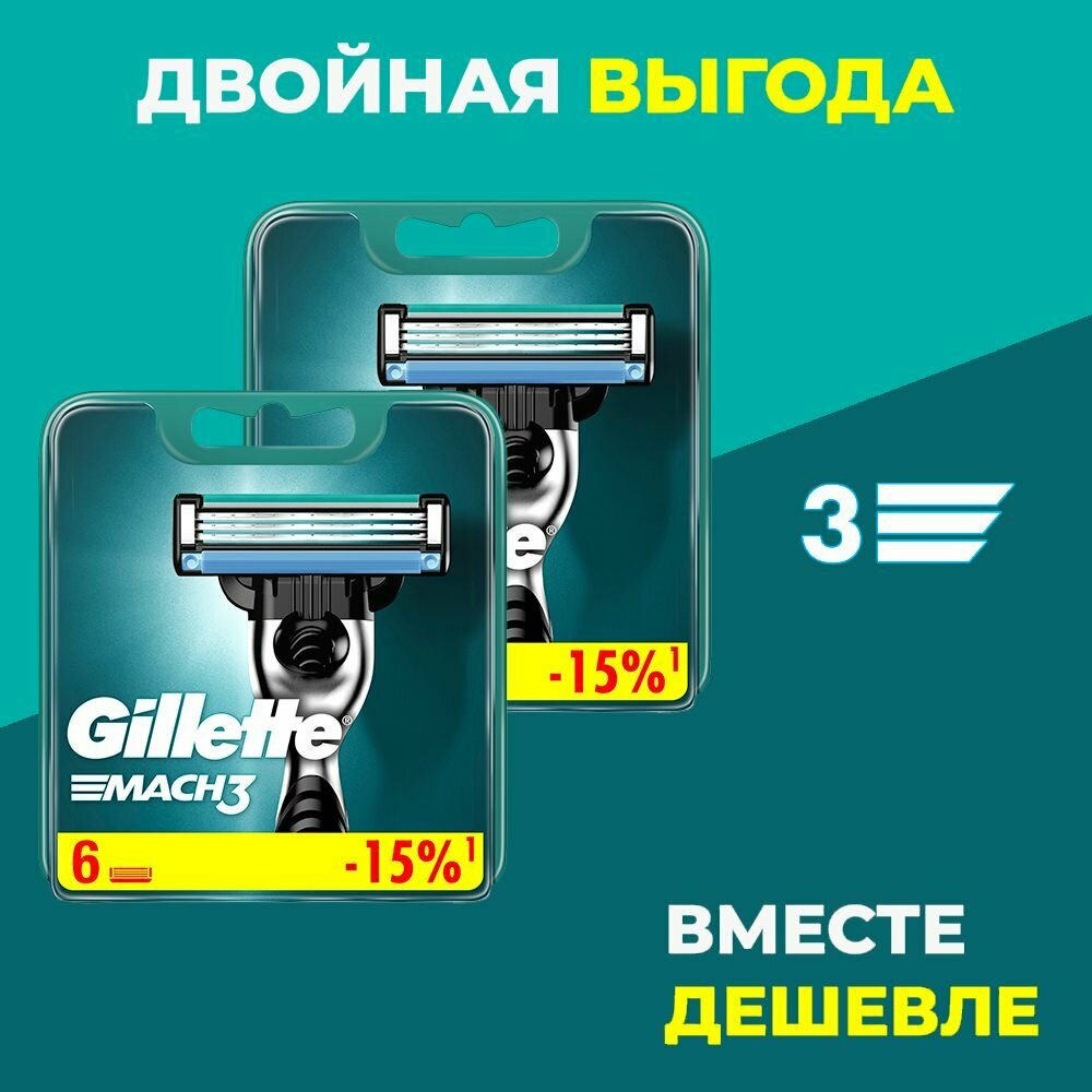 Сменные кассеты для бритья Gillette Mach3, 6+6 (12 шт)