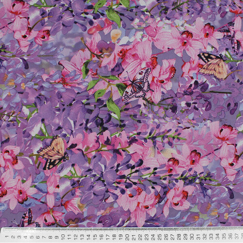 Крепдешин, сиреневый цветочный принт