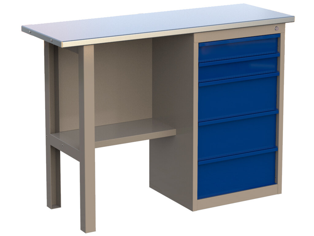 фото Стол верстак слесарный металлический с тумбой с 5 ящиками, 1200 мм, CompactLine, Wellmet 1200CL5