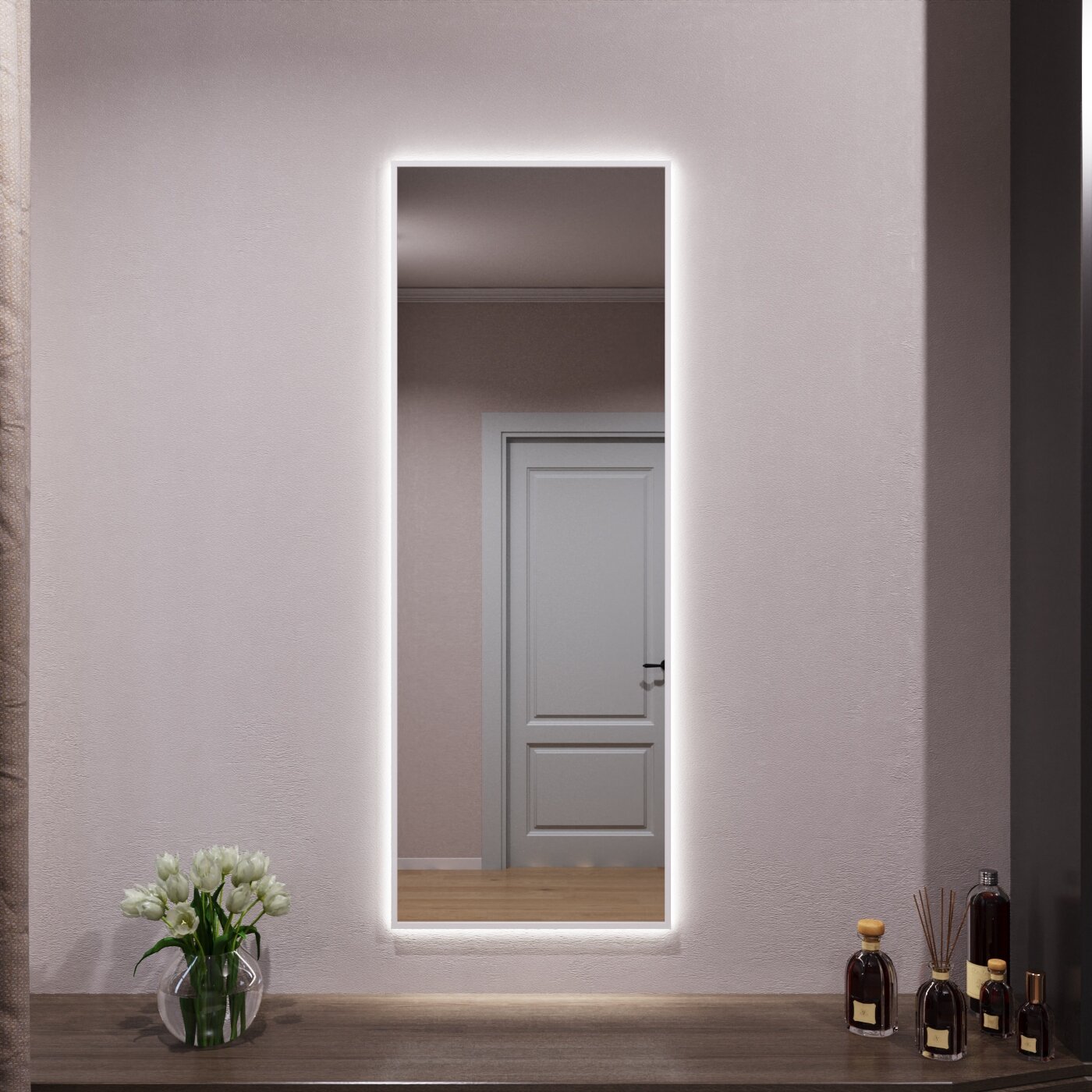 Зеркало с подсветкой в алюминиевой раме настенное Market-house 120х40 см. Свет: Нейтральный Белый 6000К. Белое