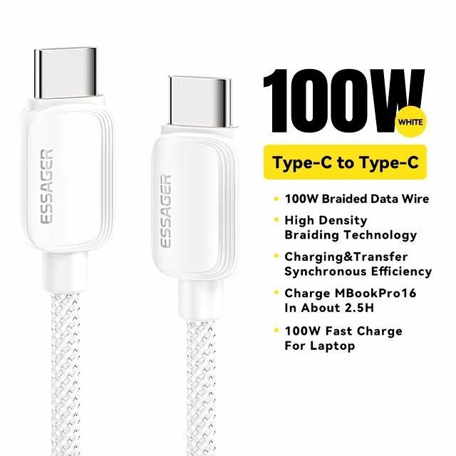 Провод зарядки Essager 100w Type-C. Для быстрой зарядки Ноутбука, Macbook, Samsung, Xiaomi, Huawei, iPhone 16 Pro 2 метра