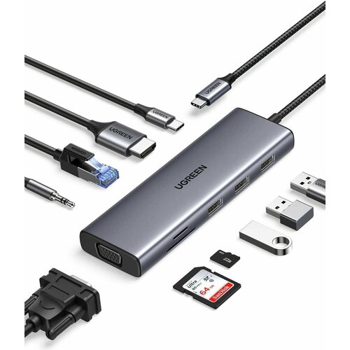 Порт-репликатор UGREEN CM498 USB-C to 3USB-A TF SD VGA RJ45 HDMI PD100W серый космос 15600 4100₽