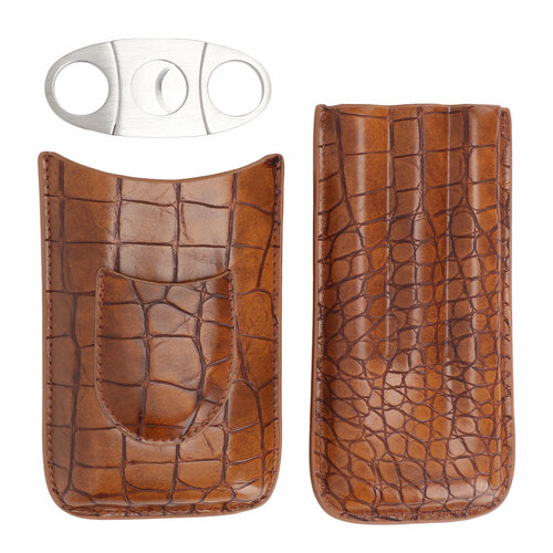 Cigar Leather Case for 3pcs Cigars Portable Travel Holder with Cutter Set Cigarette