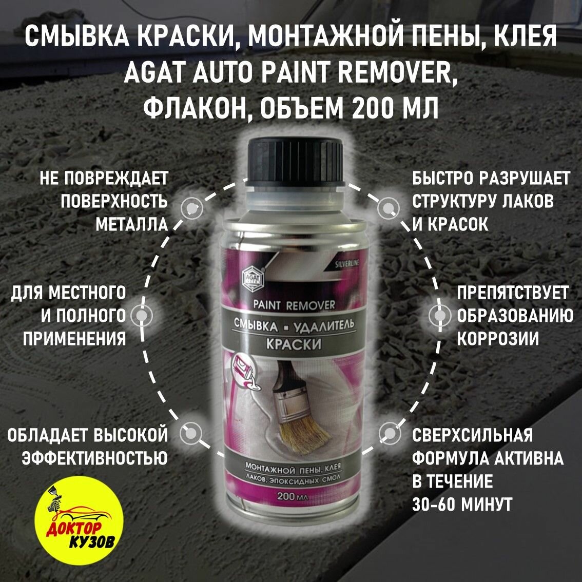 Смывка краски с металла / Удалитель краски AGAT AUTO Paint Remover, флакон, объём 200 мл / Удалитель клея, монтажной пены