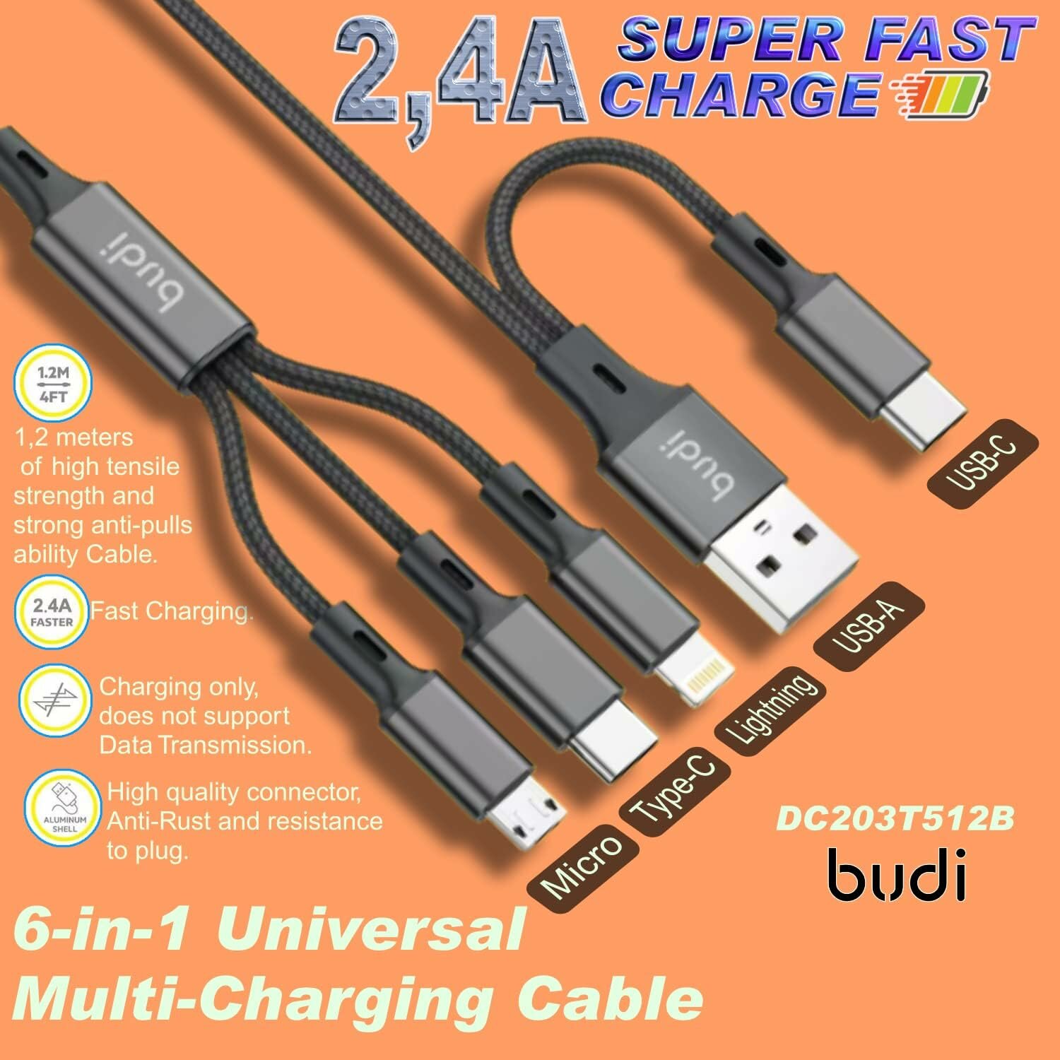 Кабель 6 в 1 micro USB, USB-C, Lightning - USB-A, USB-C 2.4 А текстиль
