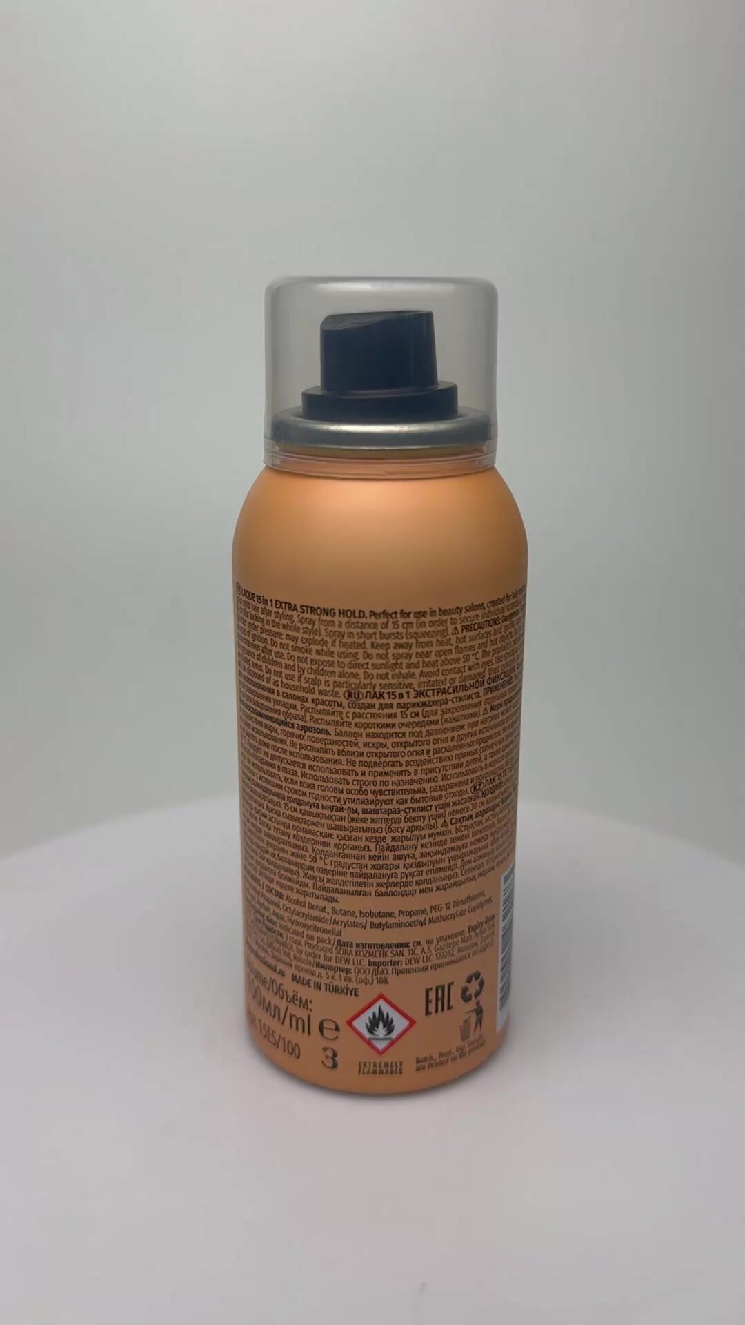 Лак Dew Professional Extra Strong 15 in 1 экстрасильной фиксации для волос, 100 мл — фото 1