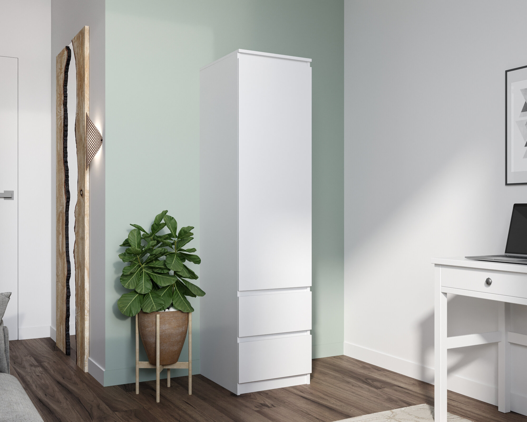 Шкаф пенал с полками и выдвижными ящиками "Челси " 45х180х52 Белый Белый глянец ЛДСП