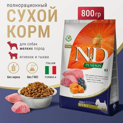 Изображение товара Farmina N&D PUMPKIN сухой корм для собак мелких, с ягненком, тыквой и черникой, 800г