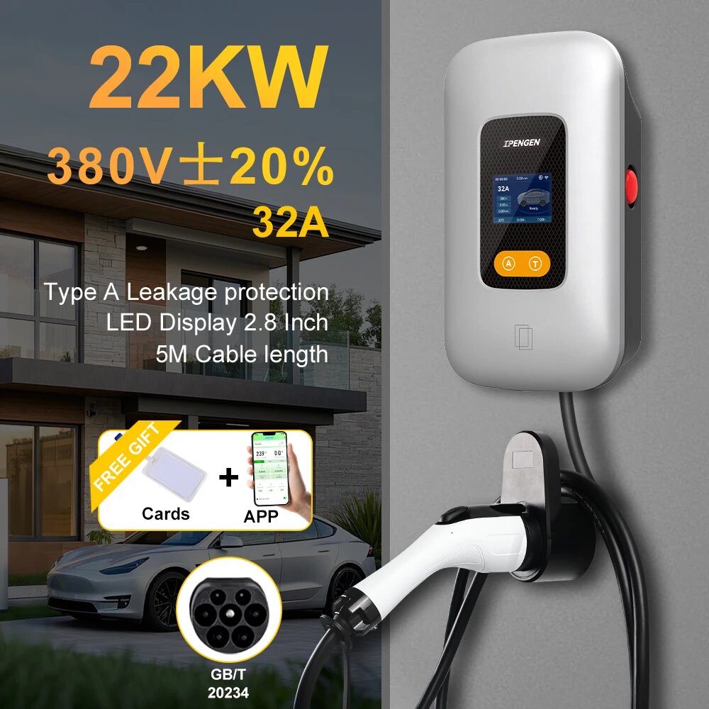 IPENGEN 32A Зарядная станция для электромобилей GBT 22 кВт 3-фазное автомобильное зарядное устройство 7 кВт 11 кВт EVSE Wallbox APP Control 5 м кабель, 22kw 32A 3 phase, GBT