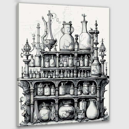 фото Картина по номерам 40x50 см, алхимическая лаборатория, тушь, рисунок, полки, бутылки, баночки, флакончики, зелья quizart