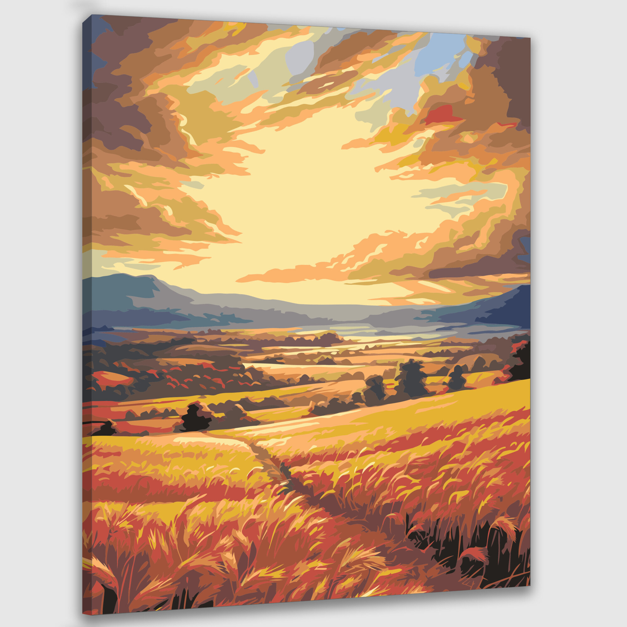 Картина по номерам 40x50 см, пейзаж, золотое поле, солнце, сияние, закат, спокойствие, красота
