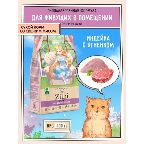 Корм для кошек сухой гипоаллергенный 400 г, для живущих в помещении ZILLII (Зилли) Indoor, Индейка с Ягнёнком