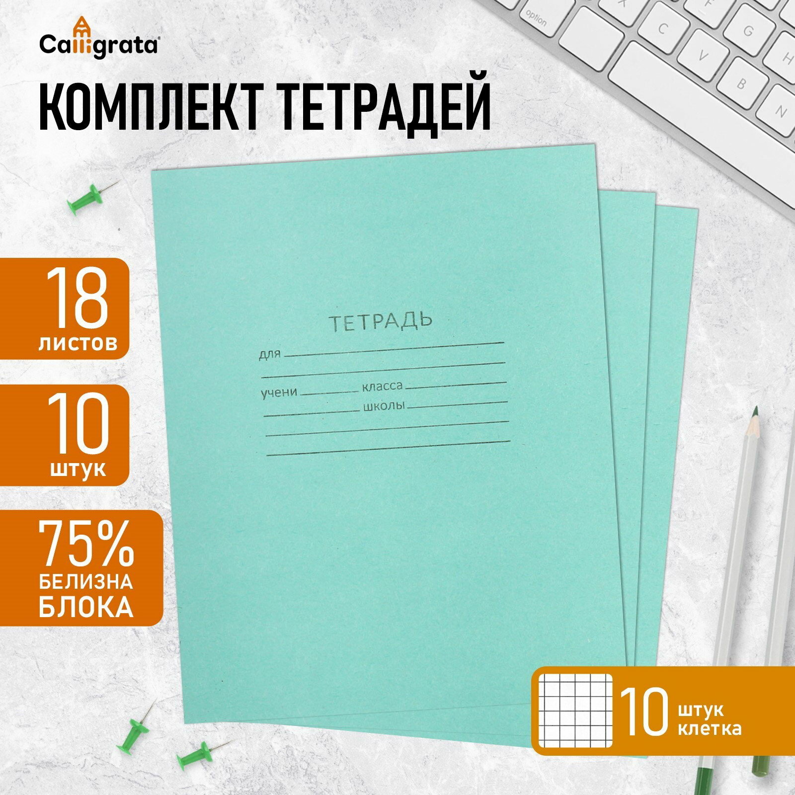 Набор тетрадей 18 листов в клетку "Зелёная обложка", серые листы, 10 шт.