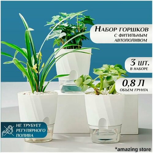 фото Горшок для цветов с фитильным автополивом (3 шт.) нет бренда