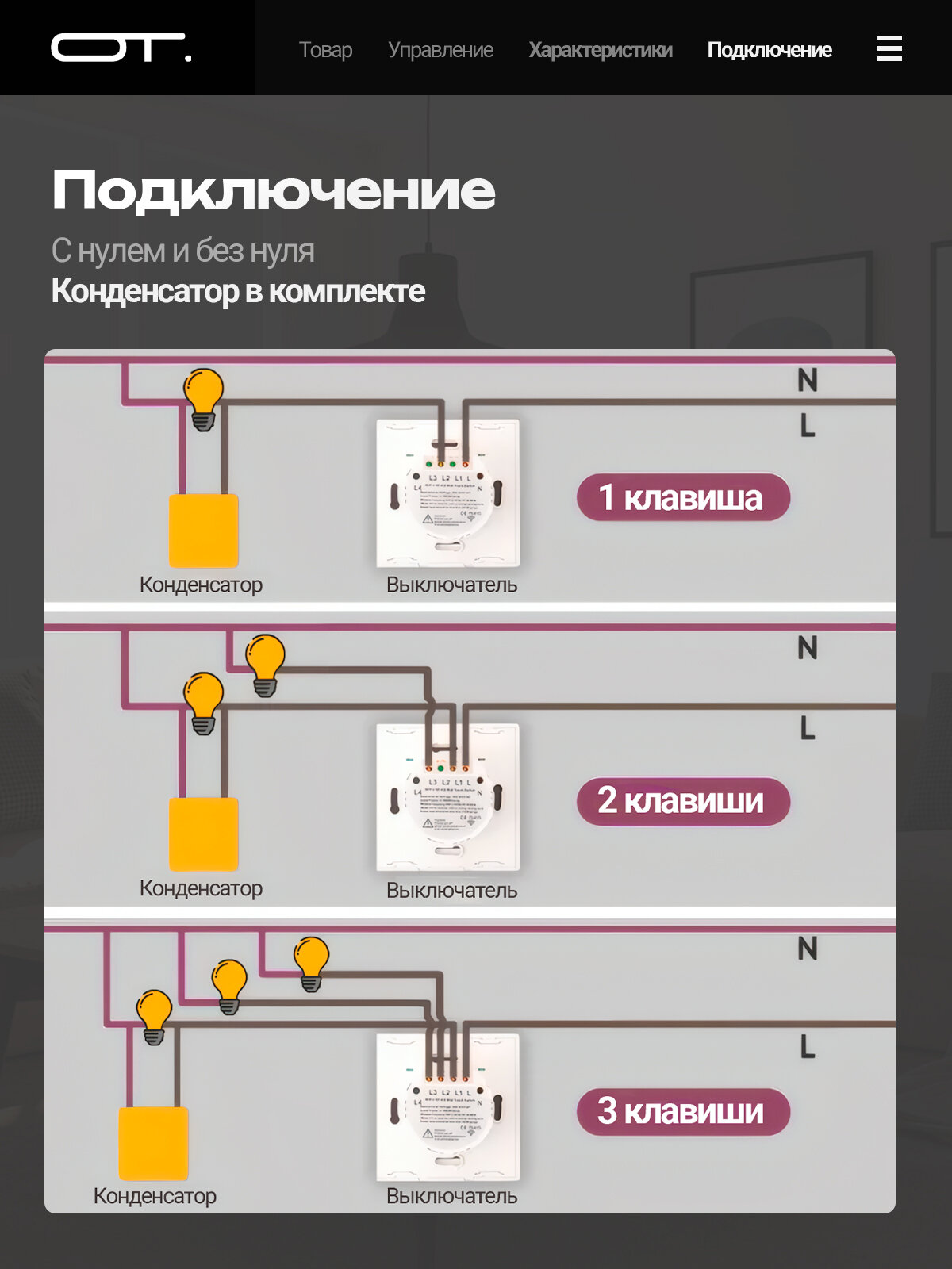 Умный выключатель с Алисой двухклавишный Wi-Fi 10A Орбита OT-HOS12 — фото 1