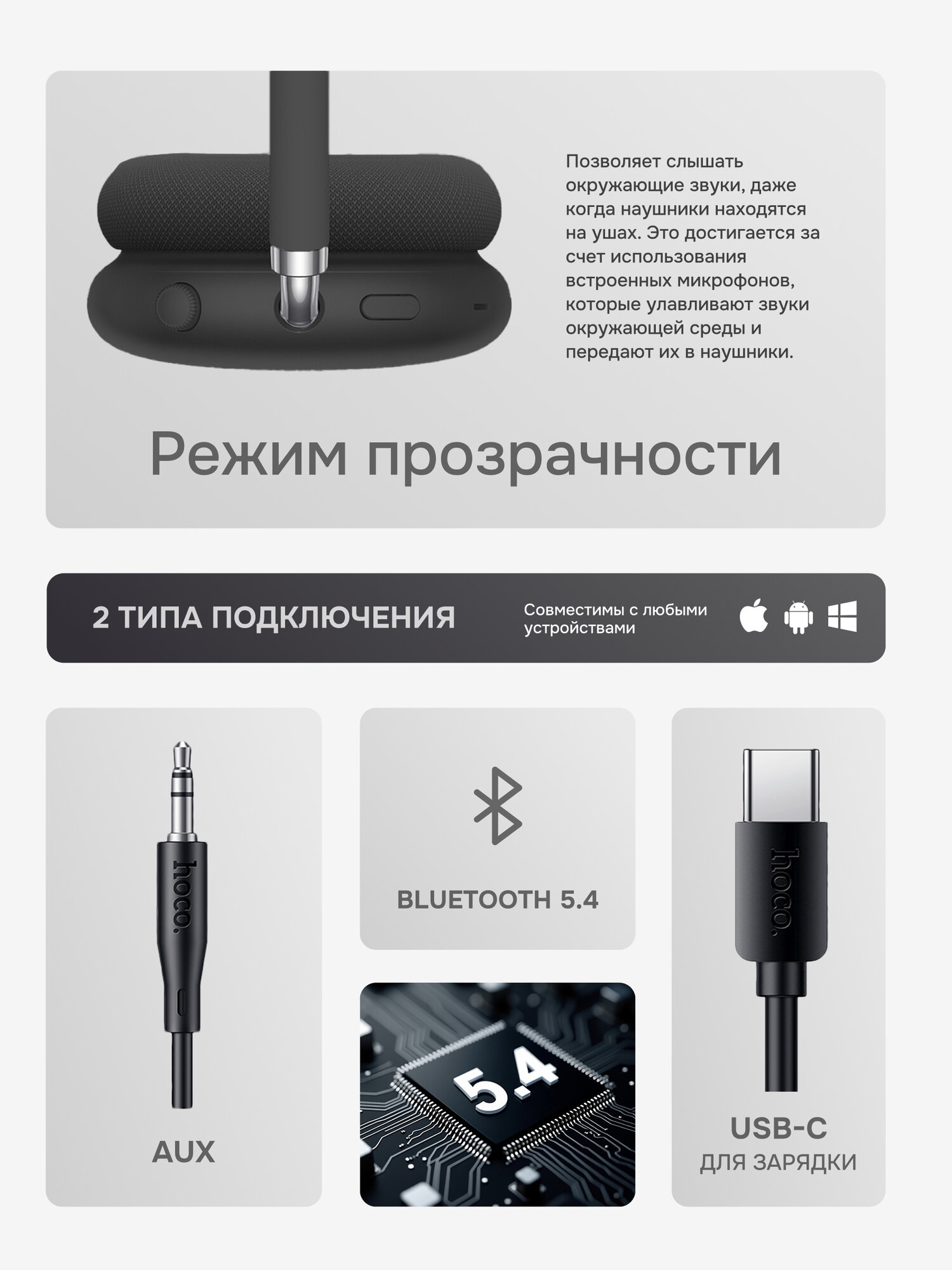 Беспроводные наушники Hoco Happy ANC W65 Plus, с шумоподавлением, Bluetooth, space gray — фото 1