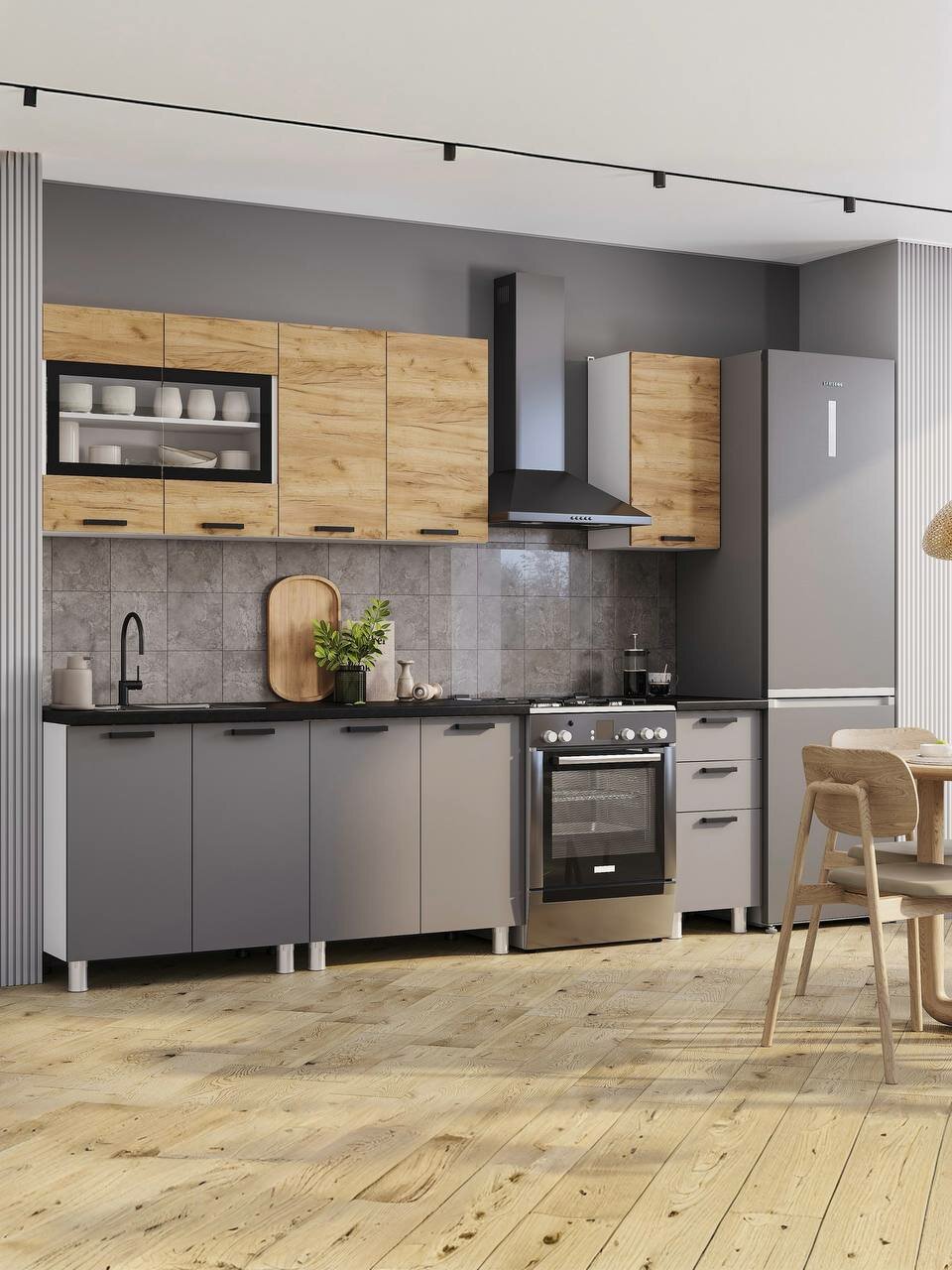 Кухня (кухонный гарнитур) Крафт 20 м тип2 Графит/Крафт (ст. Черный мрамор 08+08+04м 38мм) мебельный РАЙ