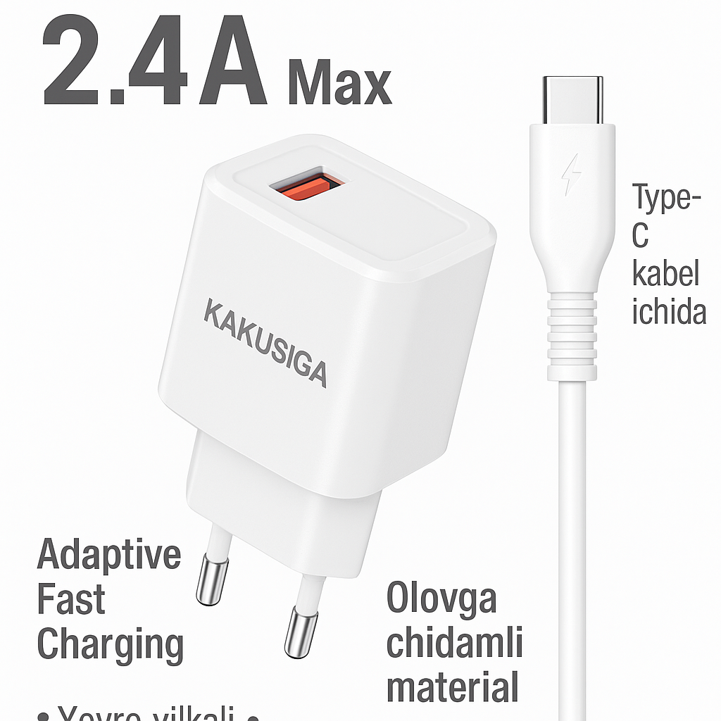 Зарядное устройство KAKUSIGA 2.4A Max (1 порт USB, с кабелем Type-C, евровилка)