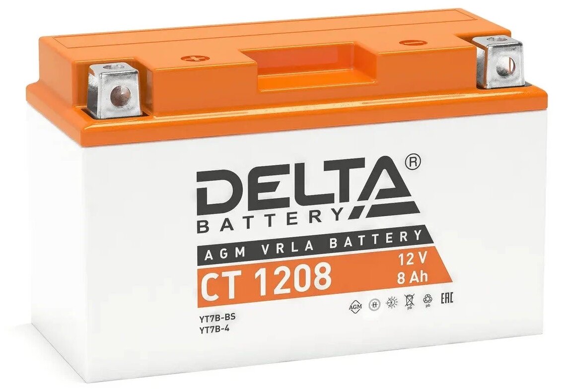 Аккумулятор для мототехники Delta CT 1208 (12V / 8Ah) (YT7B-BS, YT7B-4, YT9B-BS)
