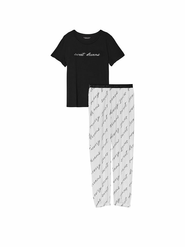Пижама Victoria's Secret, футболка, брюки, короткий рукав, пояс на резинке, размер XXL, черный, белый - фотография № 3