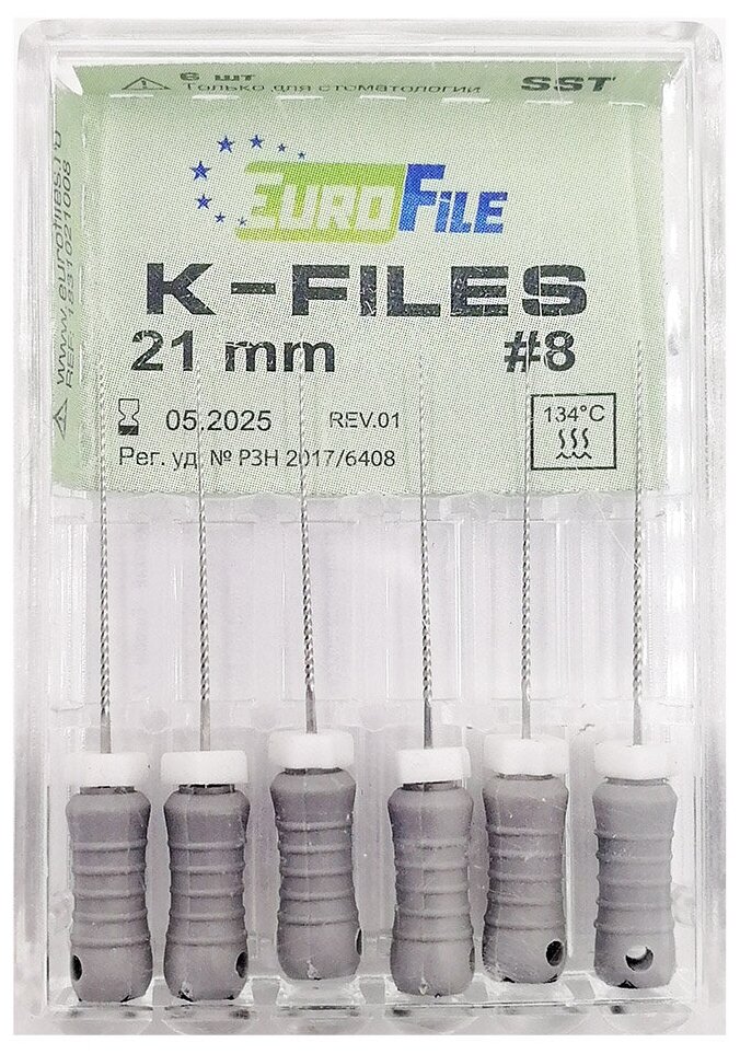 K-Files - ручные стальные файлы, 21 мм, N 08, 6 шт/упак