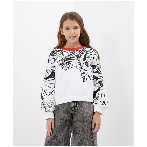 фото Укороченная толстовка свободного силуэта с черно-белым принтом gulliver, цвет белый, размер 152