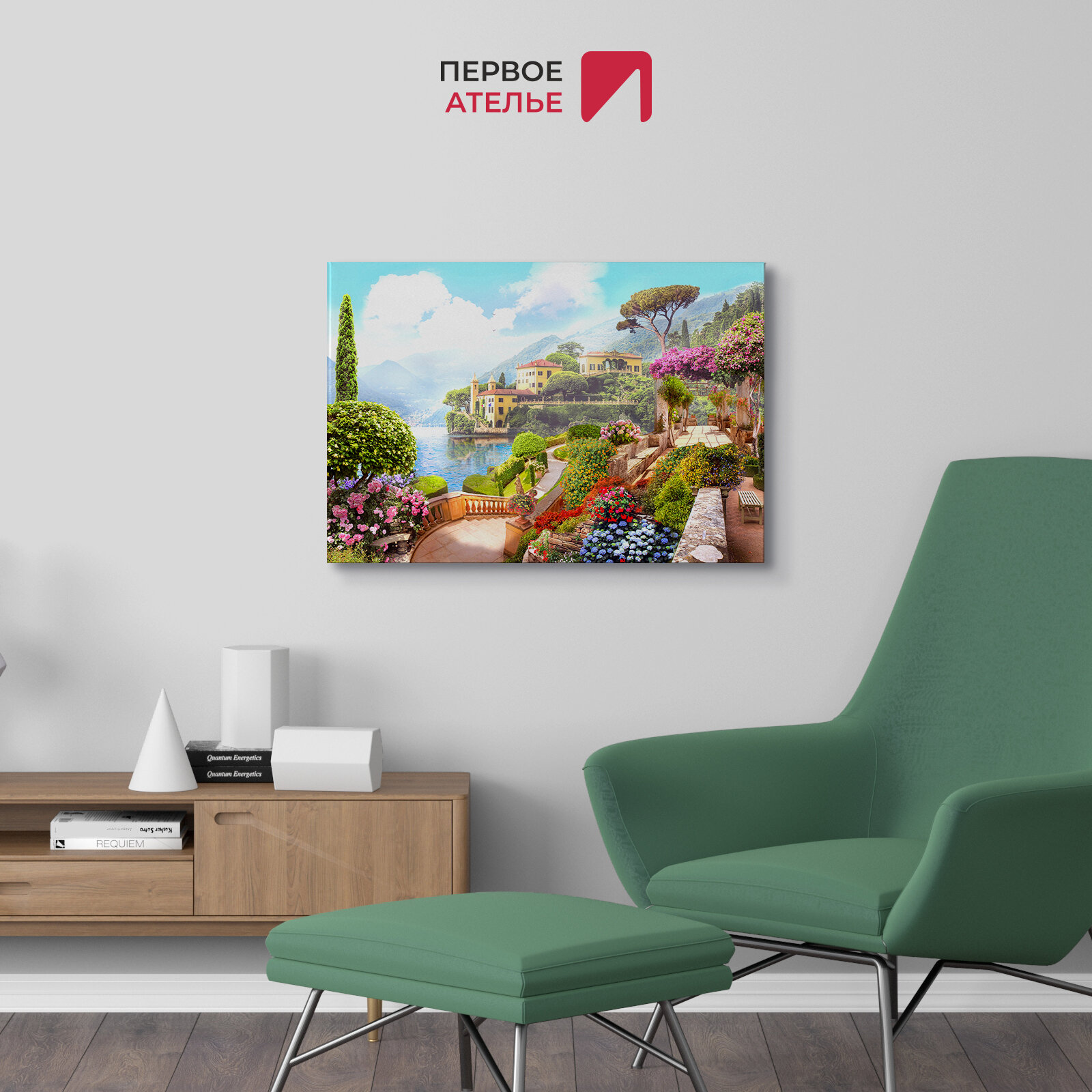 Картина на стену на холсте для интерьера первое ателье "Цветущая набережная с видом на старые дома и залив" 80х53 см (ШхВ), на деревянном подрамнике